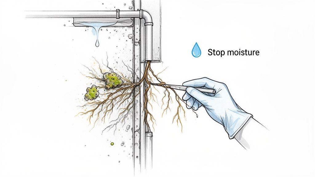 A gloved hand uses tweezers to remove mold and fungal roots from a damp wall near a leaking pipe.