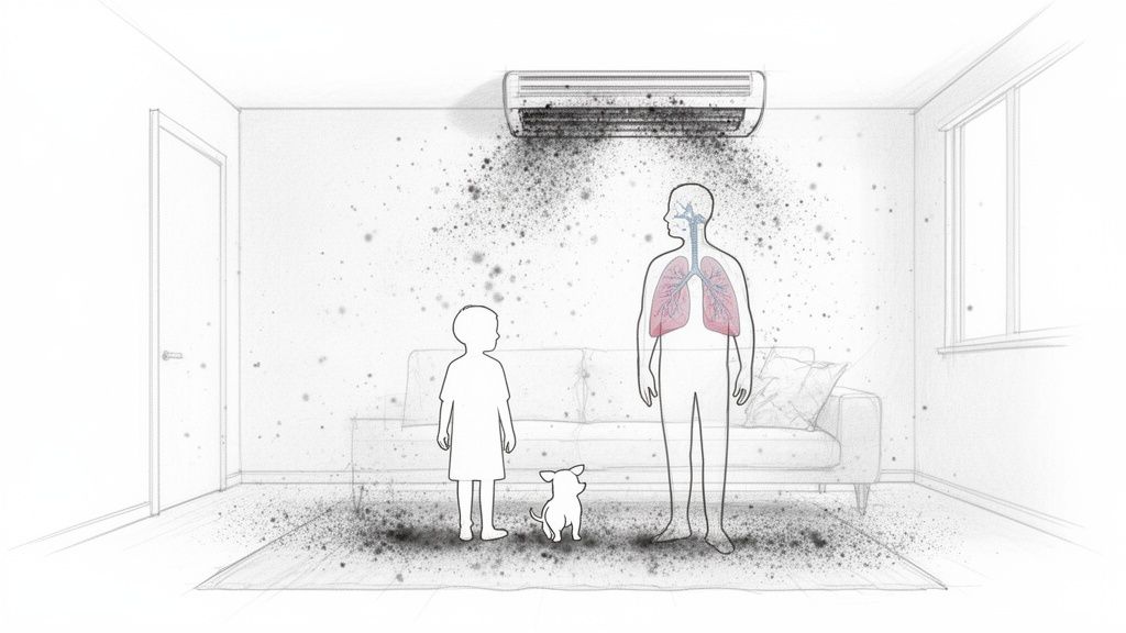 An air conditioner pollutes a room with dark particles, affecting a man's lungs, a child, and a dog.