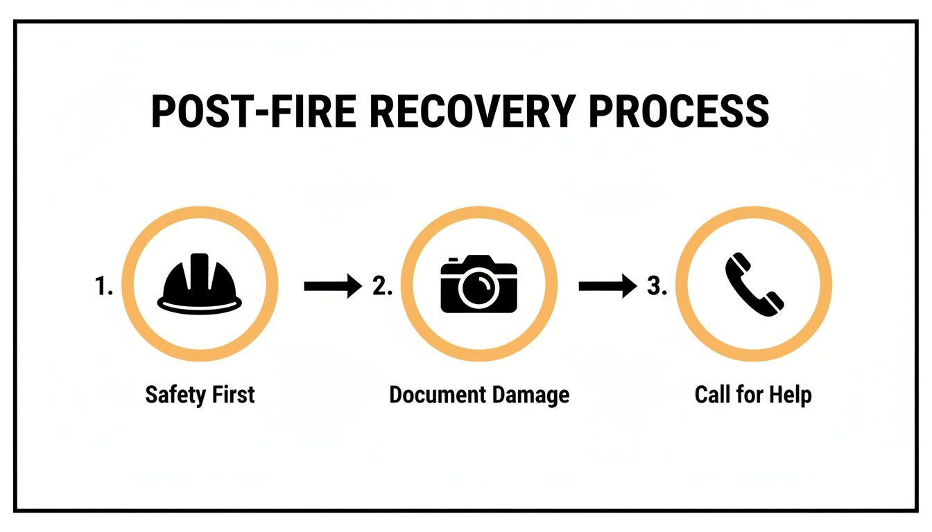 An infographic detailing the post-fire recovery process with three steps: safety first, document damage, and call for help.