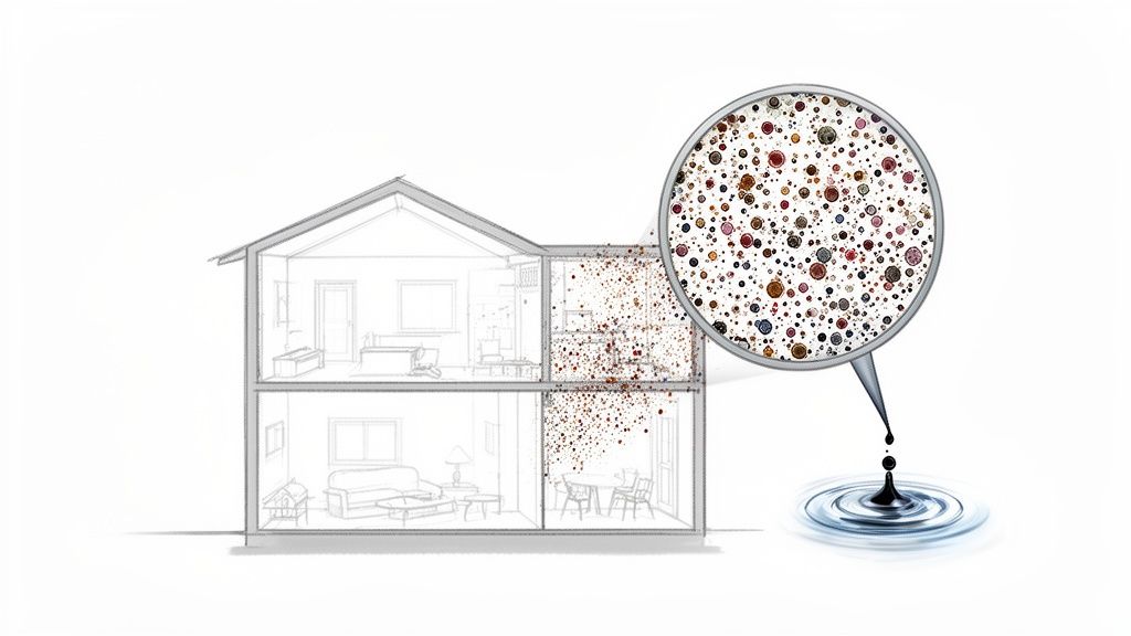 Illustration of a house interior showing widespread smoke damage particles, with a magnified view and a falling liquid drop.