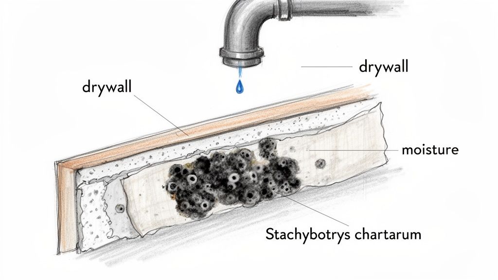 An illustration of a leaky pipe dripping water onto drywall, causing moisture and black mold (Stachybotrys chartarum) growth.