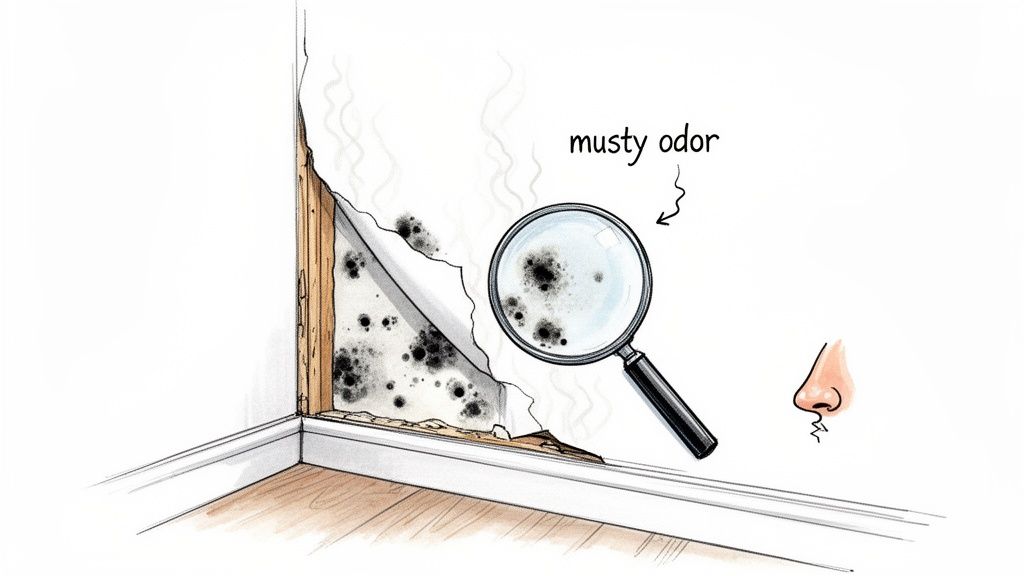 Black mold growing behind peeled drywall in a room corner, highlighted by a magnifying glass, indicating a musty odor.