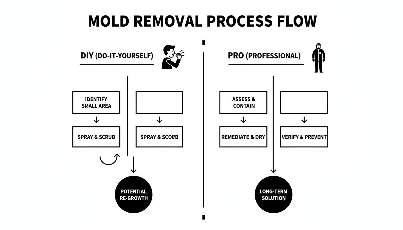 Flowchart comparing DIY and professional mold removal processes, leading to potential re-growth or long-term solutions.