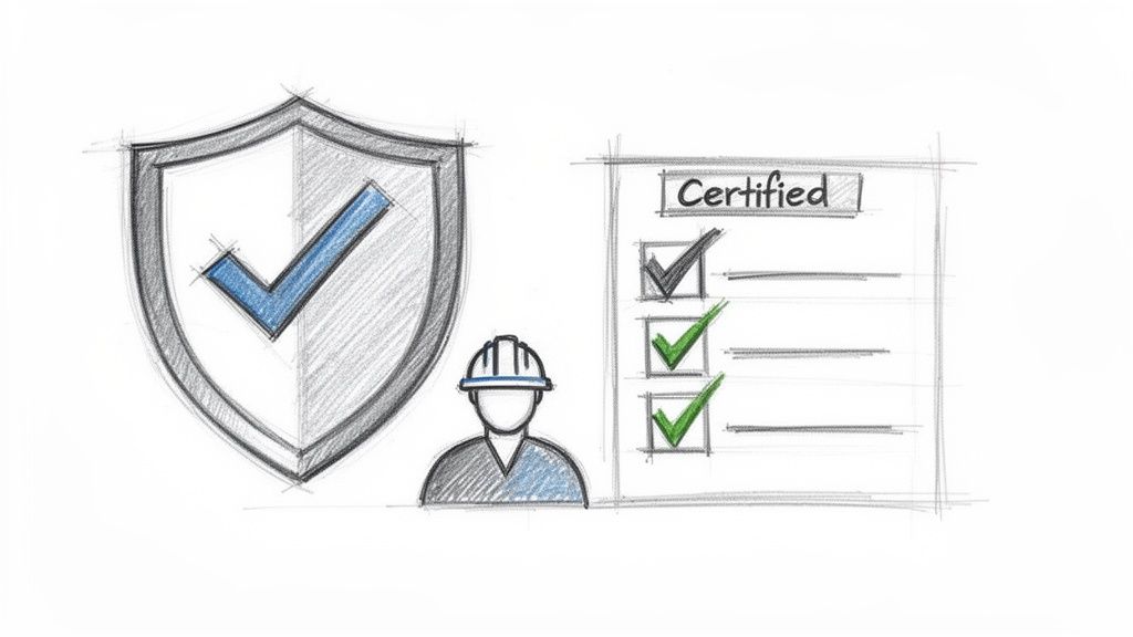 Sketch of a shield with a checkmark, a worker, and a certified checklist with green checkmarks.