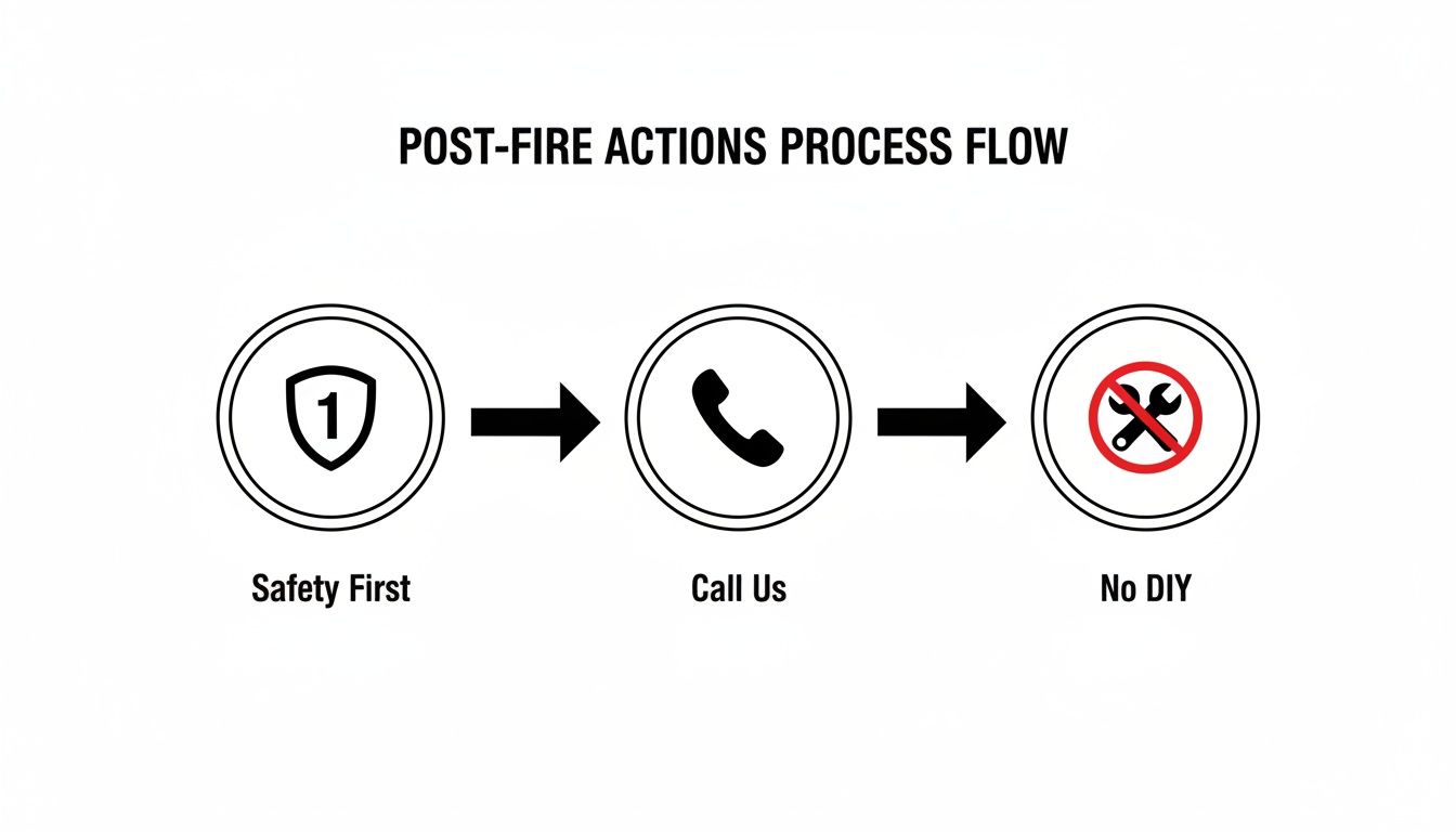Post-fire actions process flow illustrating safety first, call us, and no DIY steps.