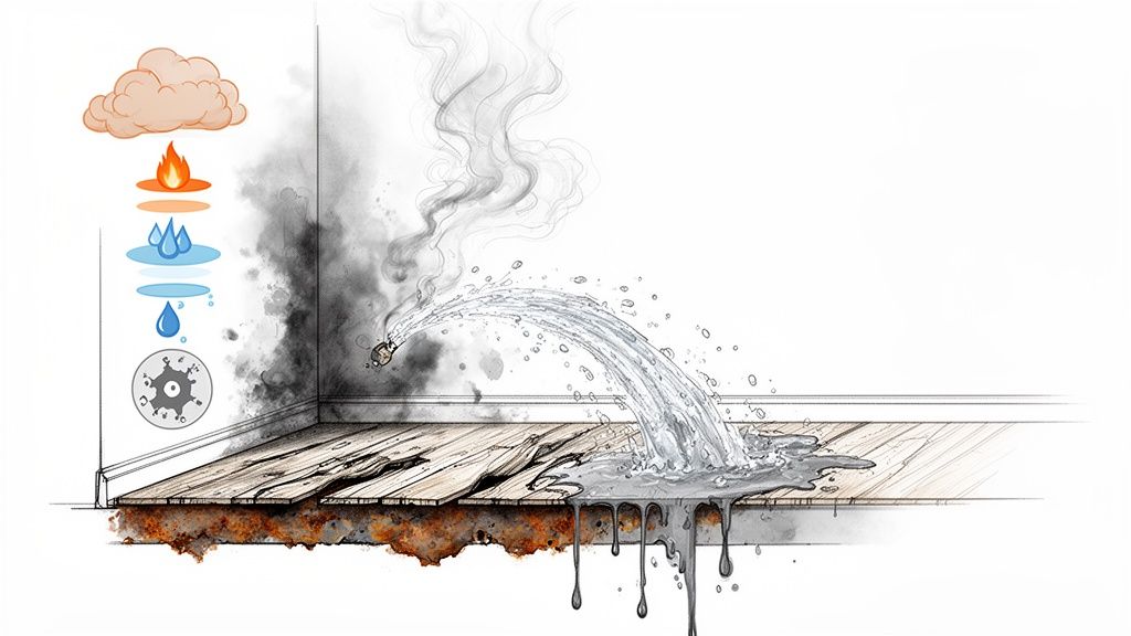 A visual representation of property damage including fire, smoke, water, and underlying structural issues.