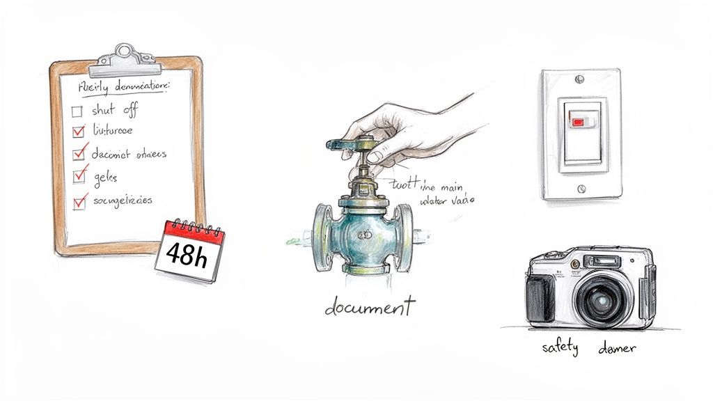 An illustration showing a checklist, turning a water valve, a light switch, and a camera.