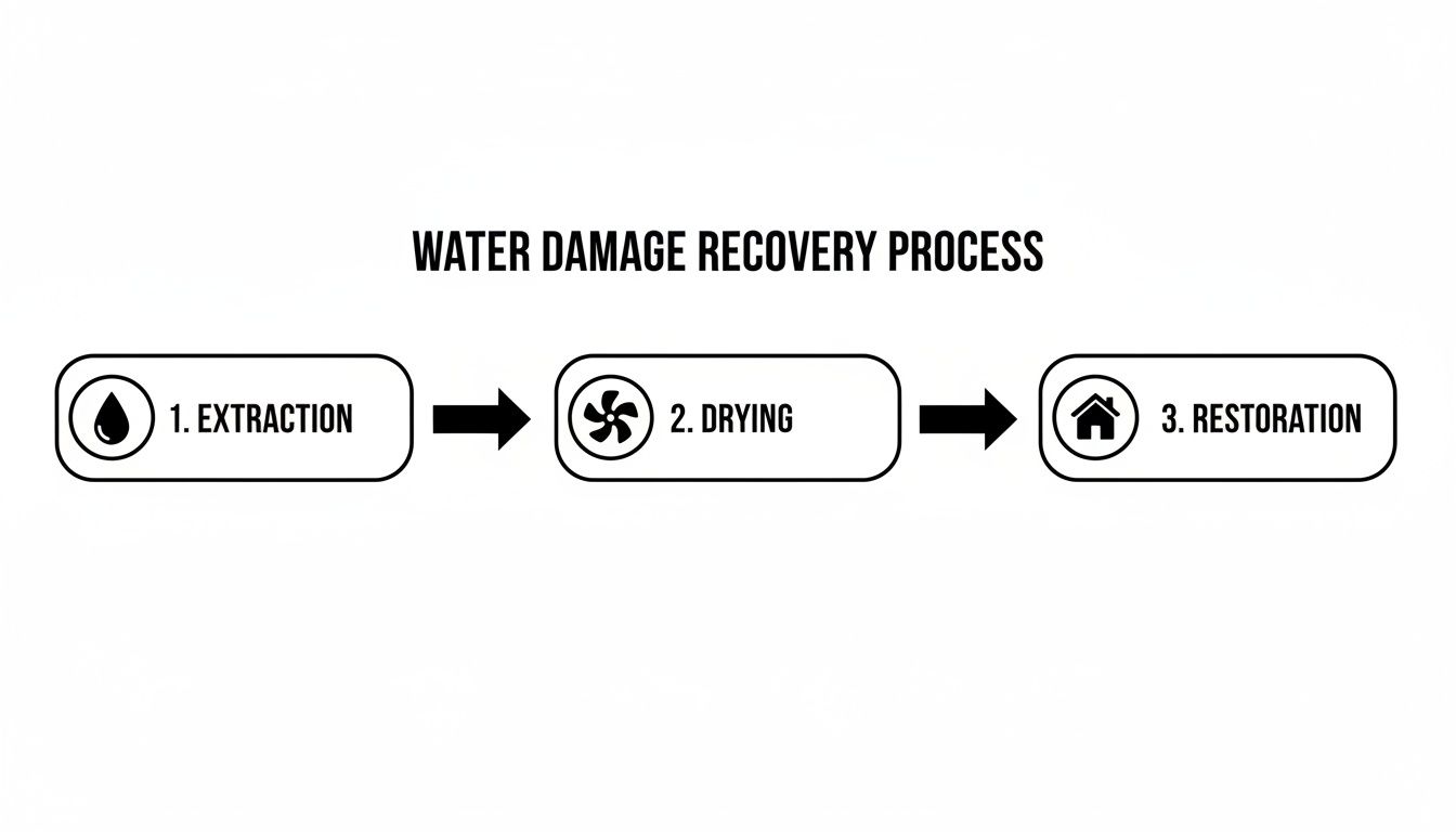 A diagram illustrating the three-step water damage recovery process: extraction, drying, and restoration.