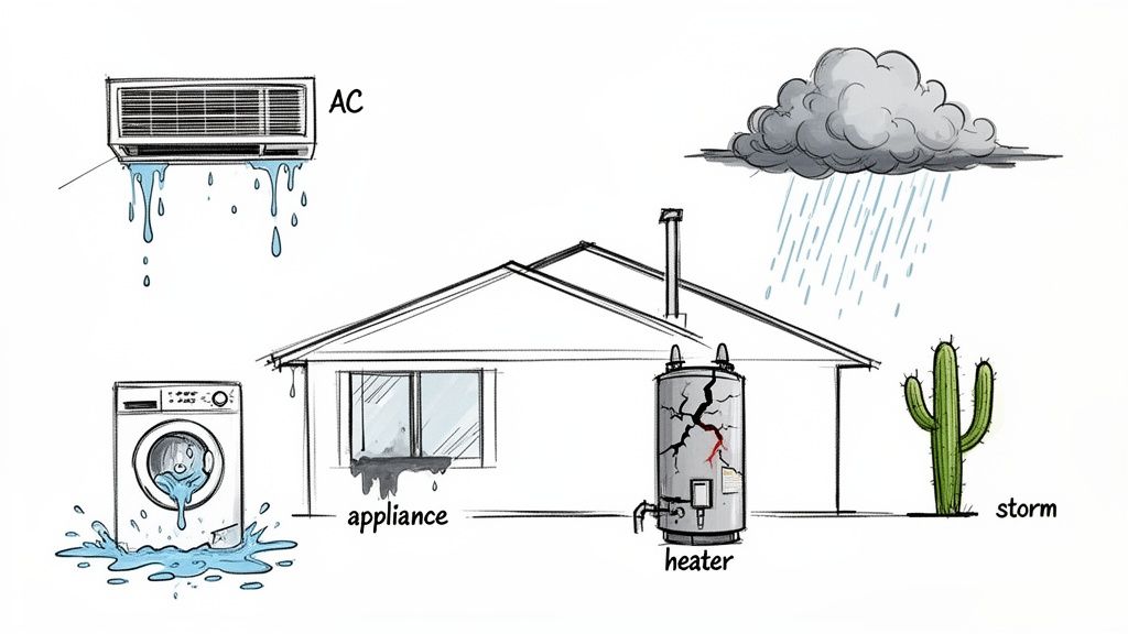 Illustration of a house with various water damage sources: leaking AC, washer, water heater, and rain storm.