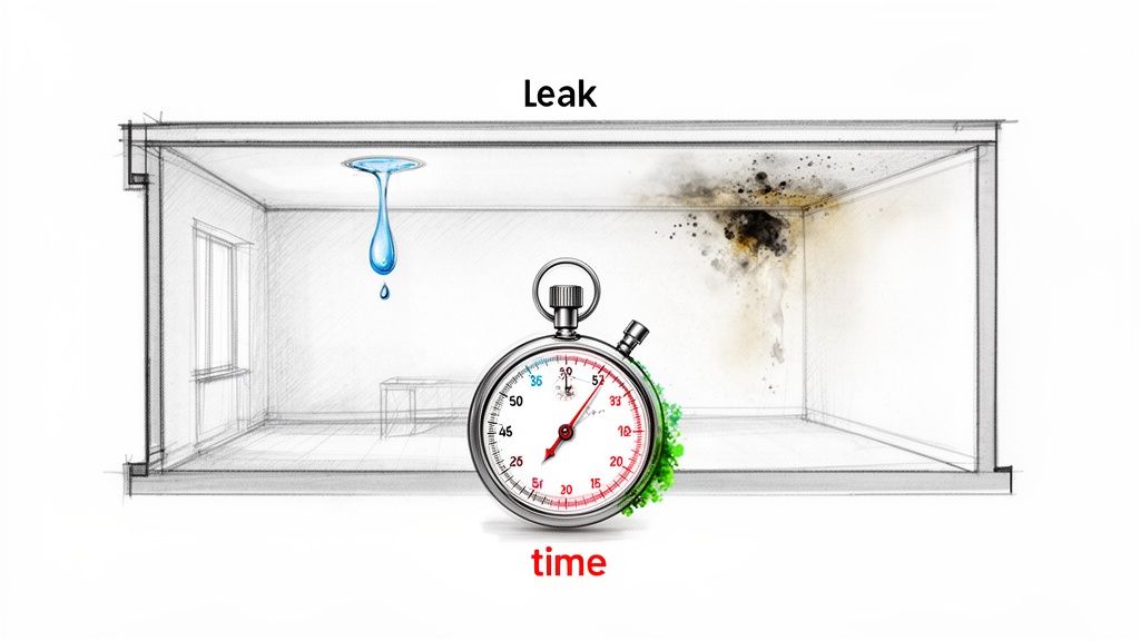 Illustration showing a ceiling leak leading to significant mold and water damage over time, with a stopwatch.