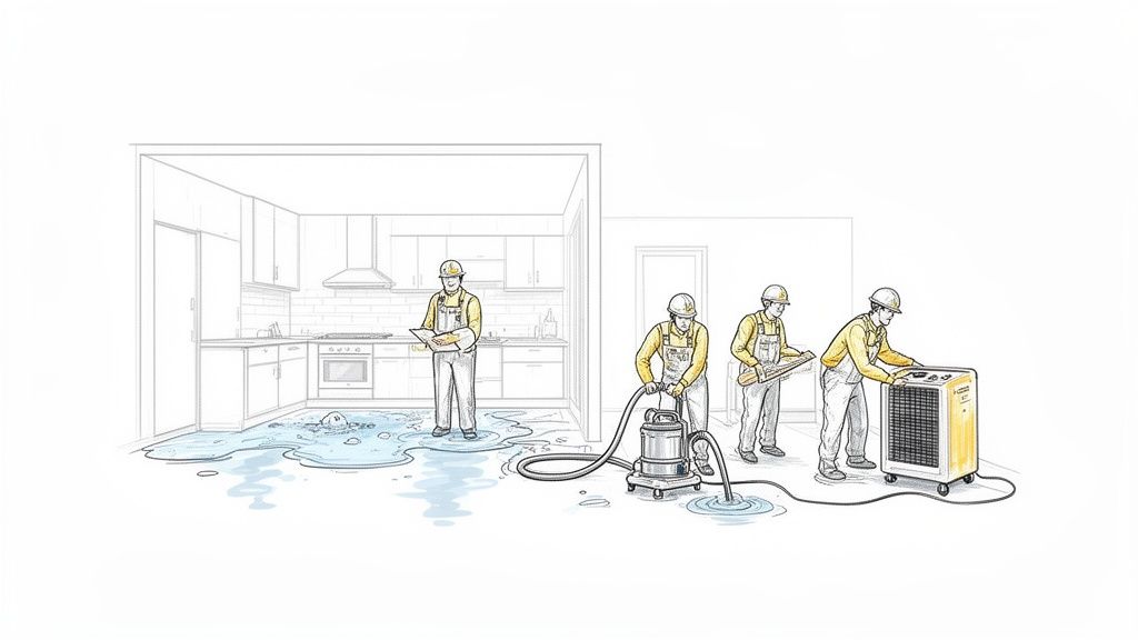 Workers performing water damage restoration in a kitchen, using a wet vacuum and a dehumidifier.