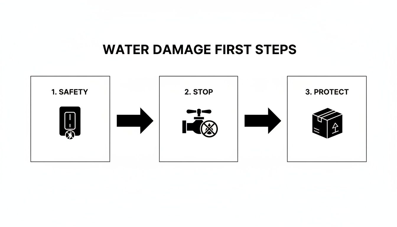 Infographic showing three water damage steps: 1. Safety, 2. Stop water, 3. Protect belongings.