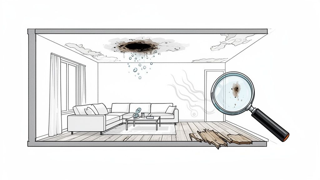 An illustration of a room with severe water damage, showing a leaky ceiling, peeling plaster, and damaged floorboards, with a magnifying glass examining a spot.