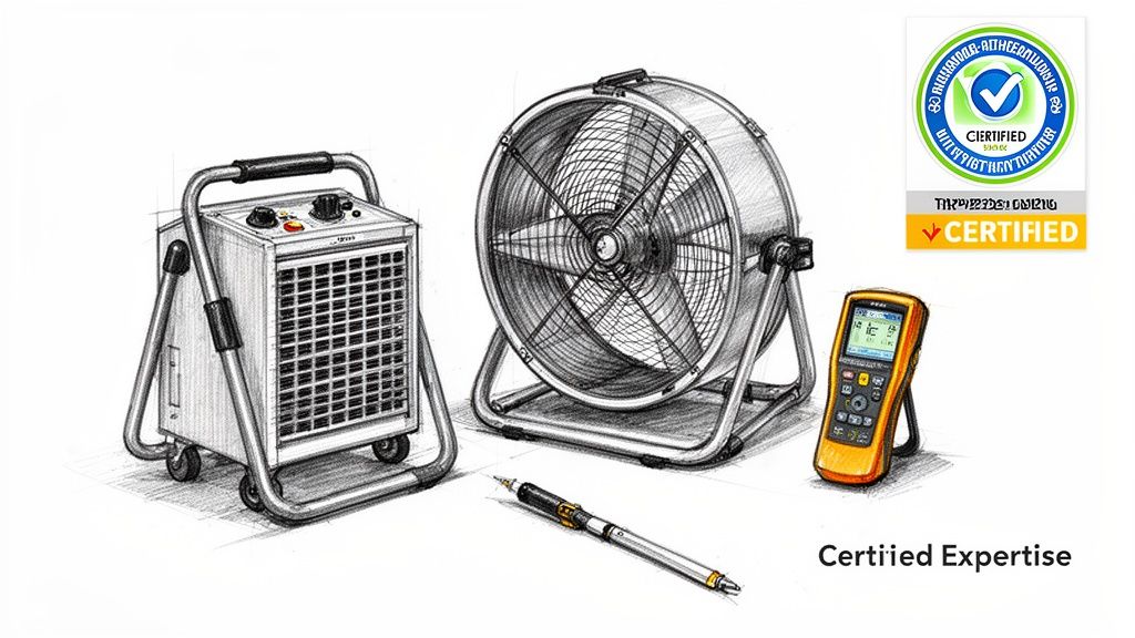 Professional water extraction and moisture measurement equipment including a heater, industrial fan, and humidity meter.