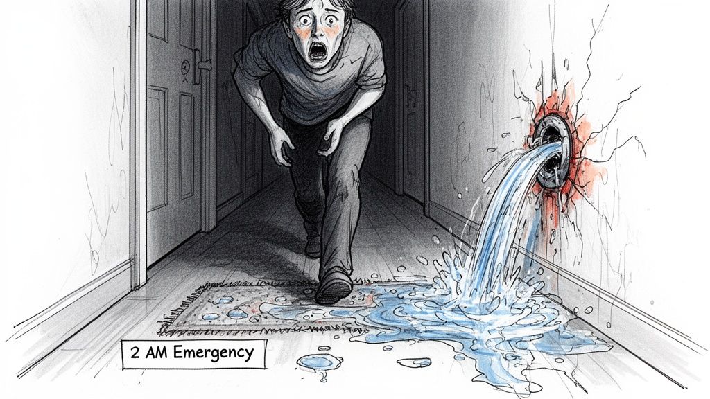 A terrified person discovers a major water pipe burst emergency in their home hallway at night.