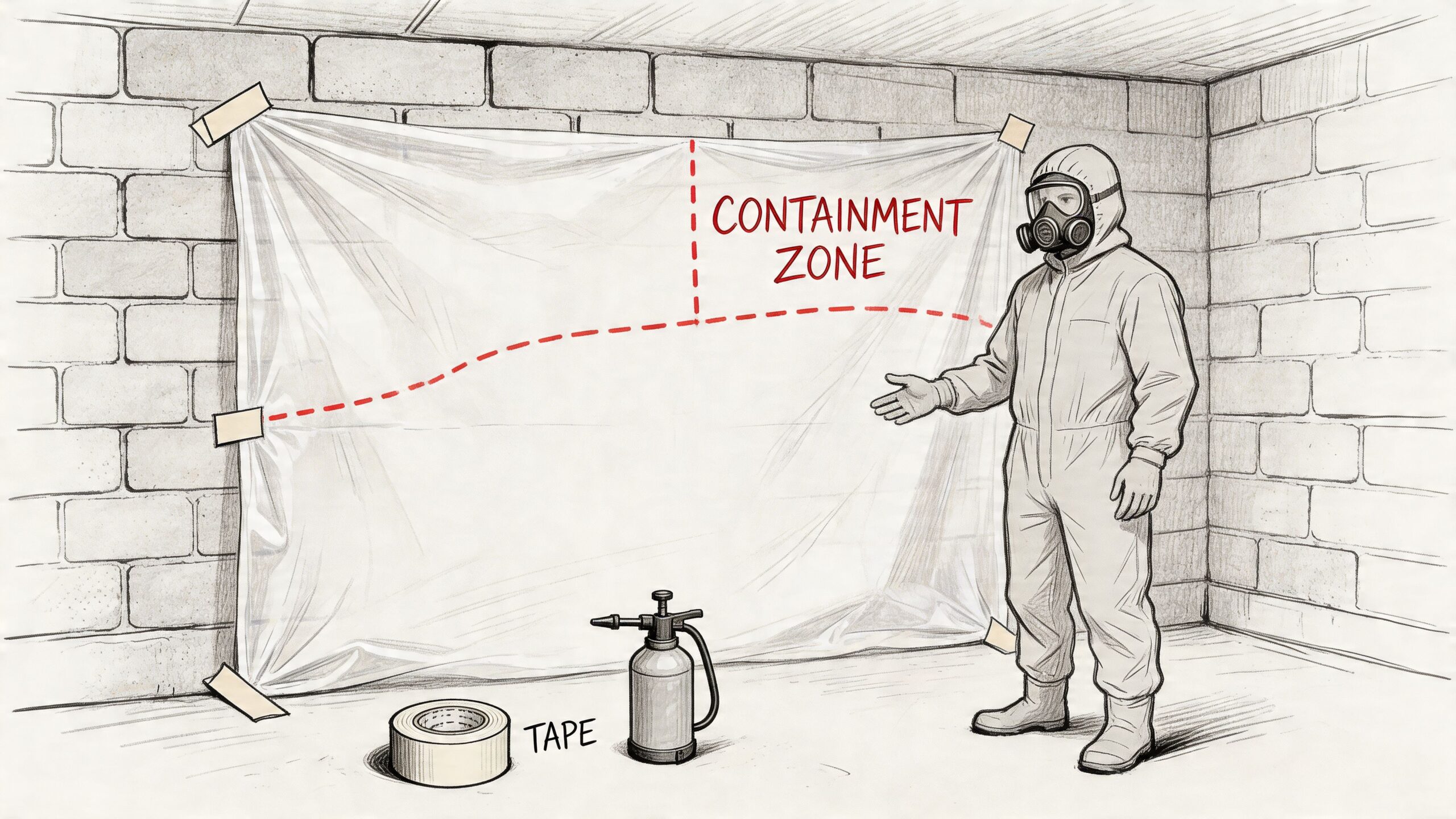 A professional in protective gear standing next to a plastic-sealed containment zone in a moldy basement.
