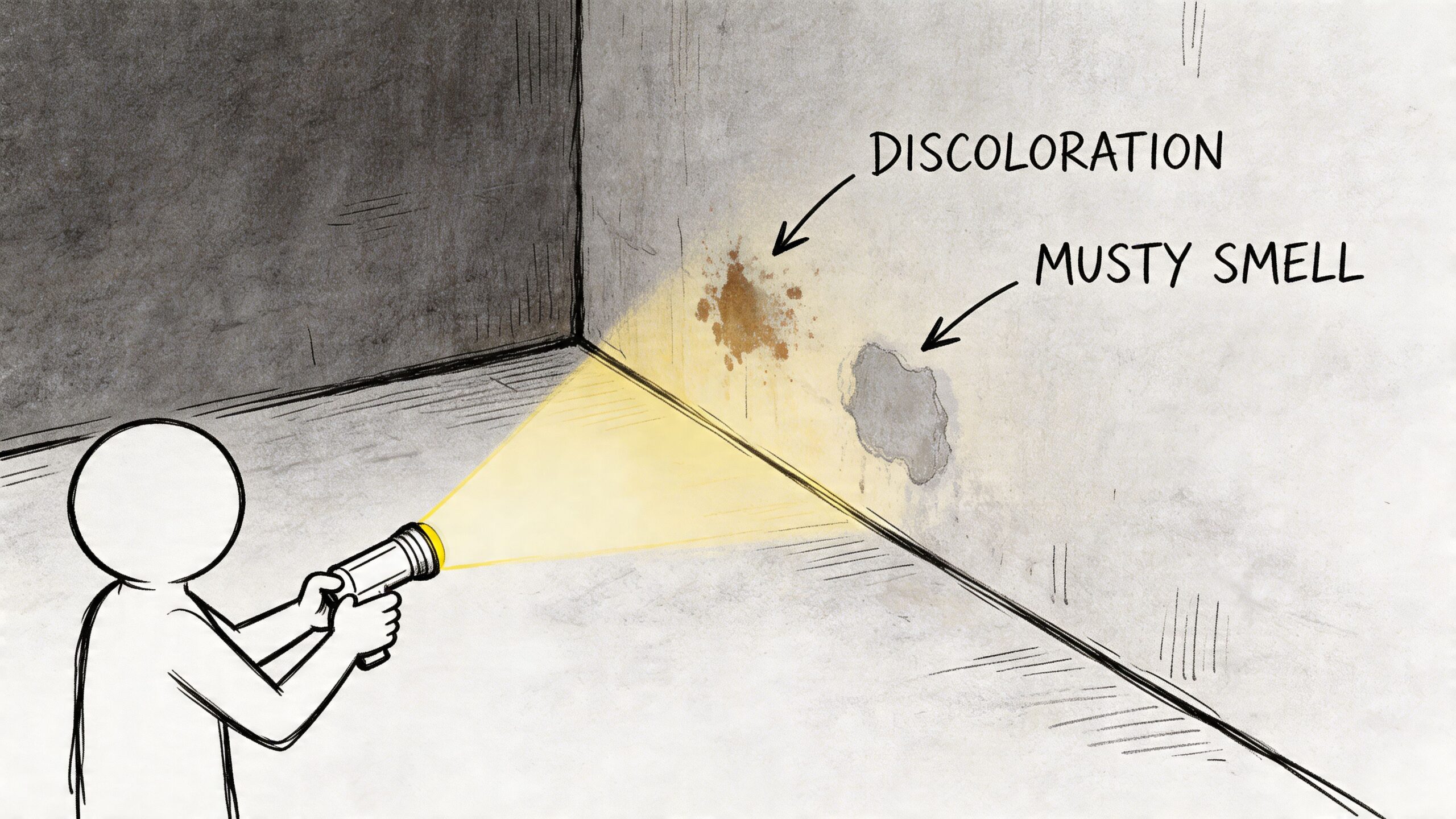 A person inspects wall dampness with a flashlight, highlighting signs of mold like discoloration and odors.