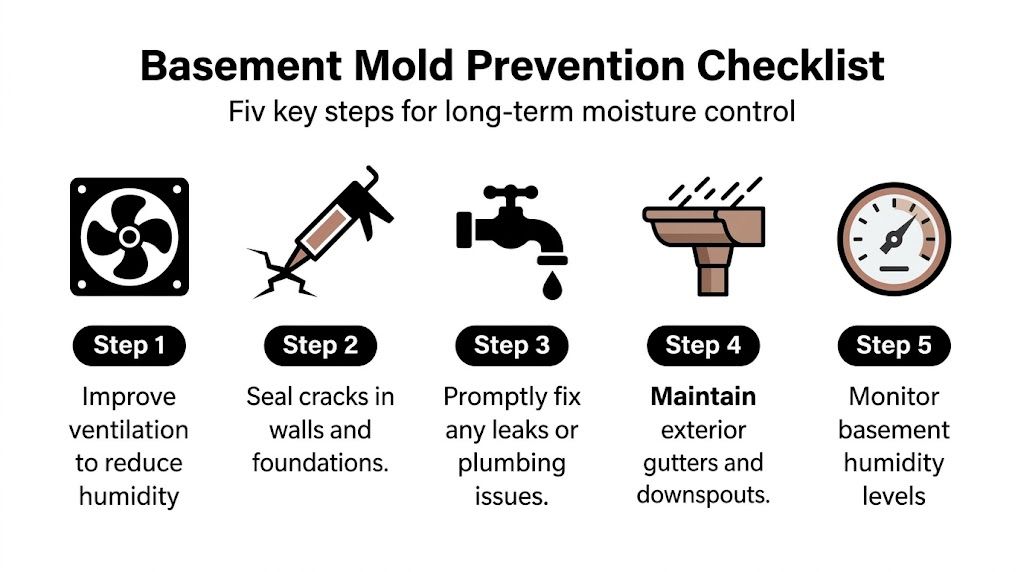 A five-step checklist illustrating essential methods for preventing basement mold through moisture and humidity control.