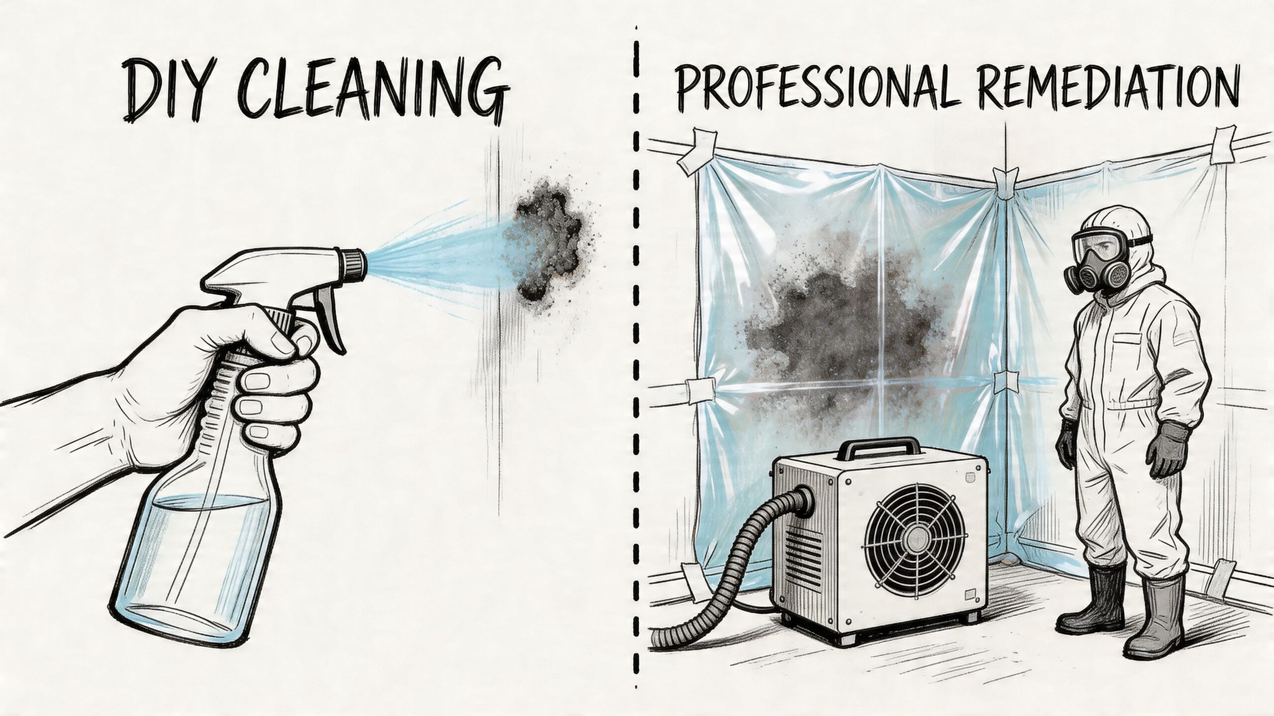 A split-screen comparison illustration showing ineffective DIY mold cleaning versus professional containment remediation strategies.
