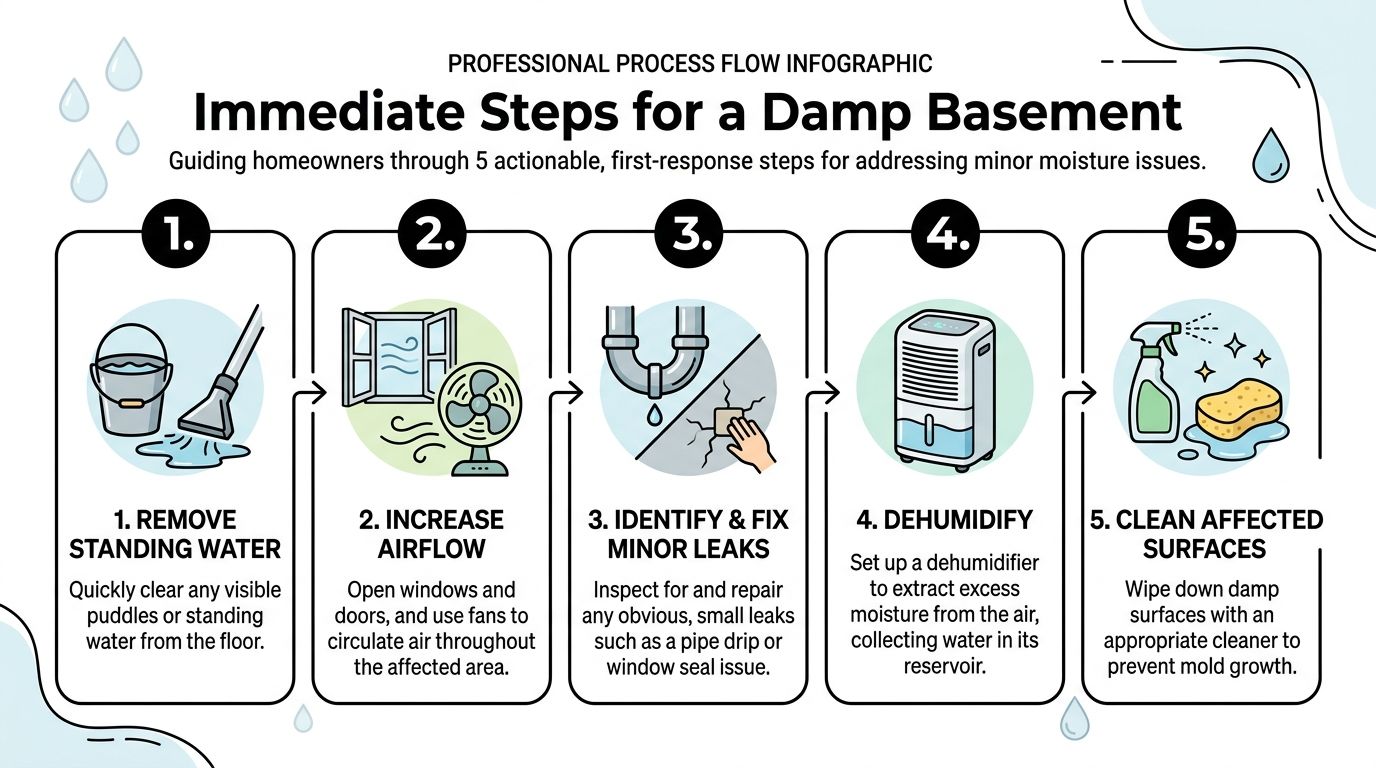 A professional infographic illustrating five actionable steps to address minor moisture and dampness issues in a basement.