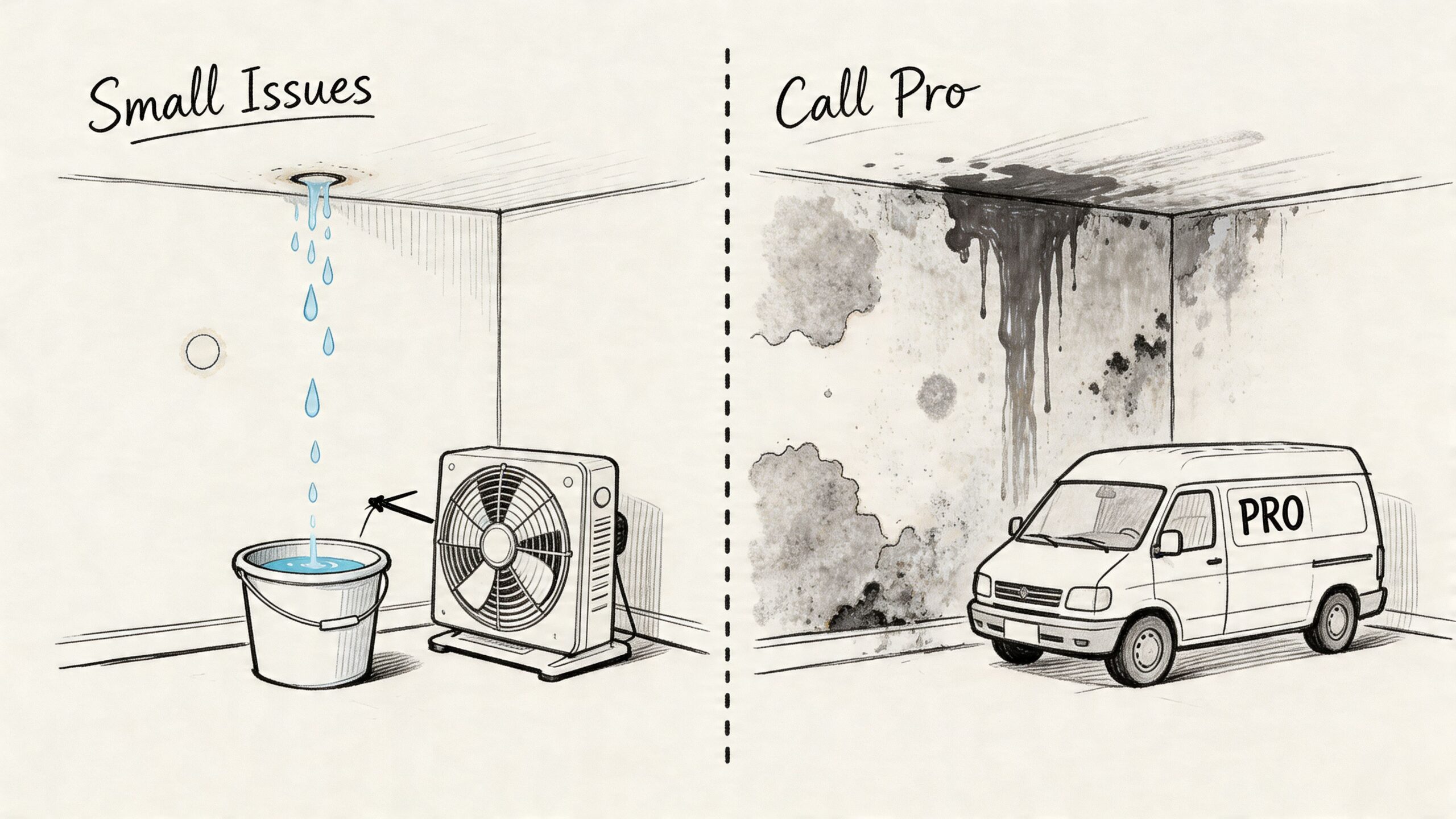 A split image illustrating the difference between fixing small water leaks and dealing with major mold damage.