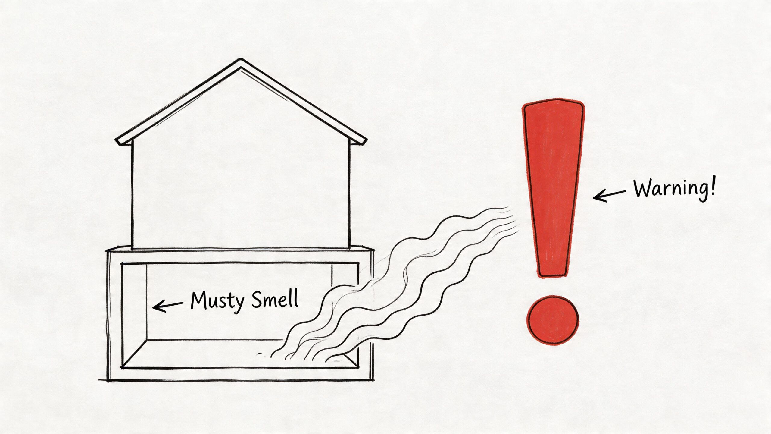 A line drawing of a house with a basement emitting wavy lines, indicating a musty smell warning.