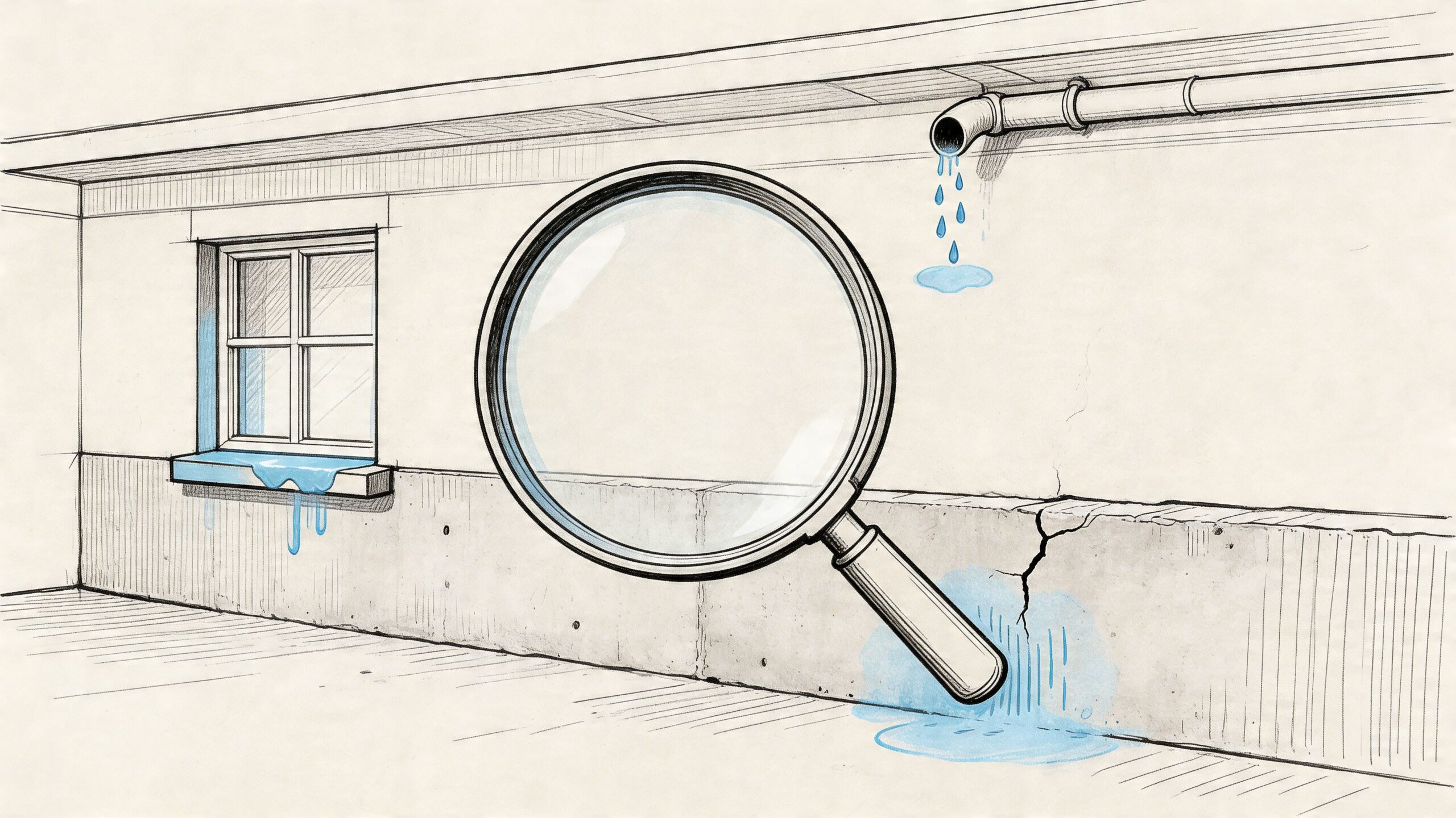 A magnifying glass inspecting water leaks and cracks in a concrete basement wall causing musty odors.