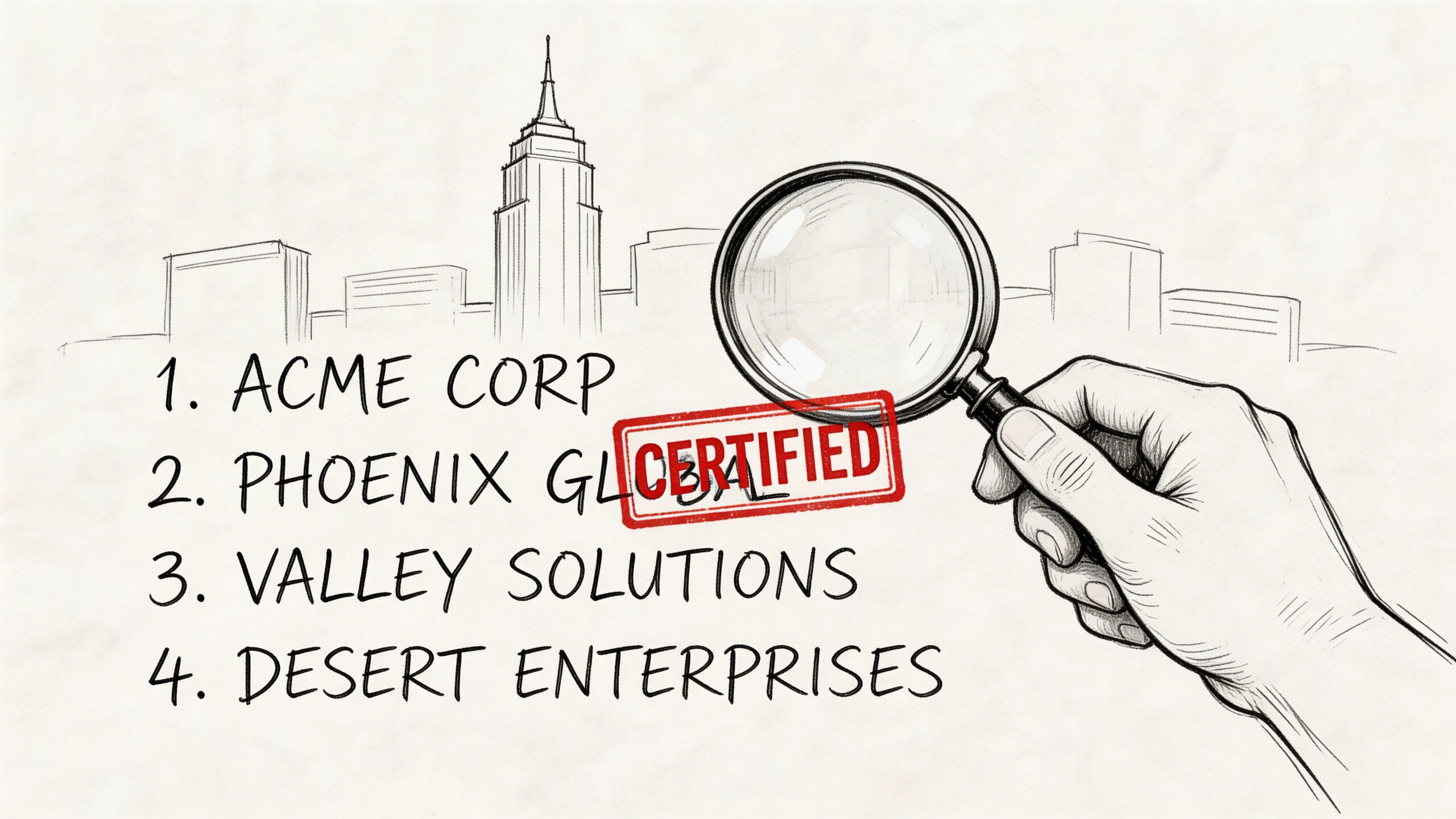 A hand holding a magnifying glass over a list of four business names with a certified stamp.