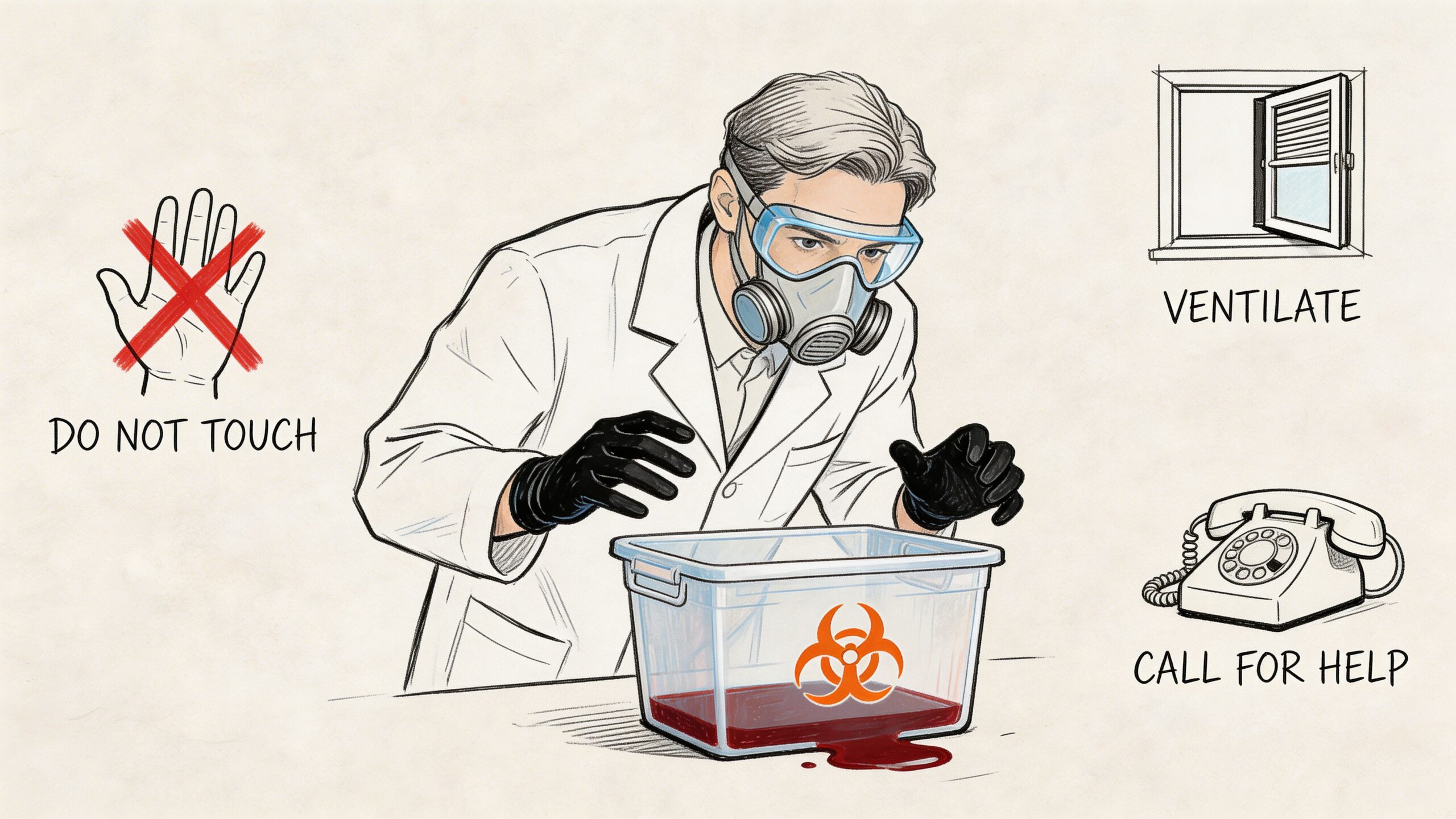 A professional in protective gear handling a hazardous biological spill with cautionary safety instructions displayed nearby.