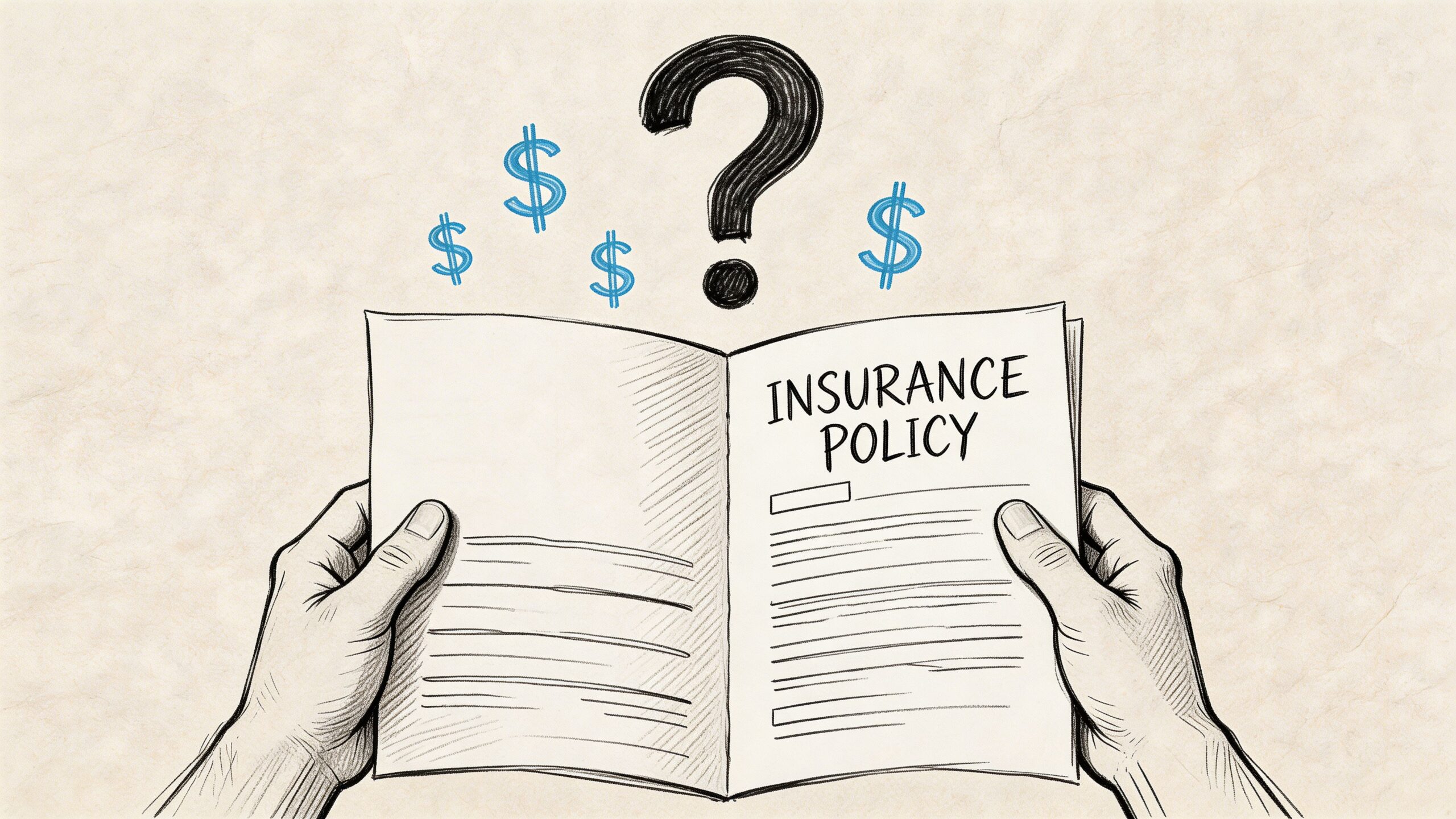 A hand-drawn illustration showing two hands holding an open insurance policy document with dollar signs and a question mark above.