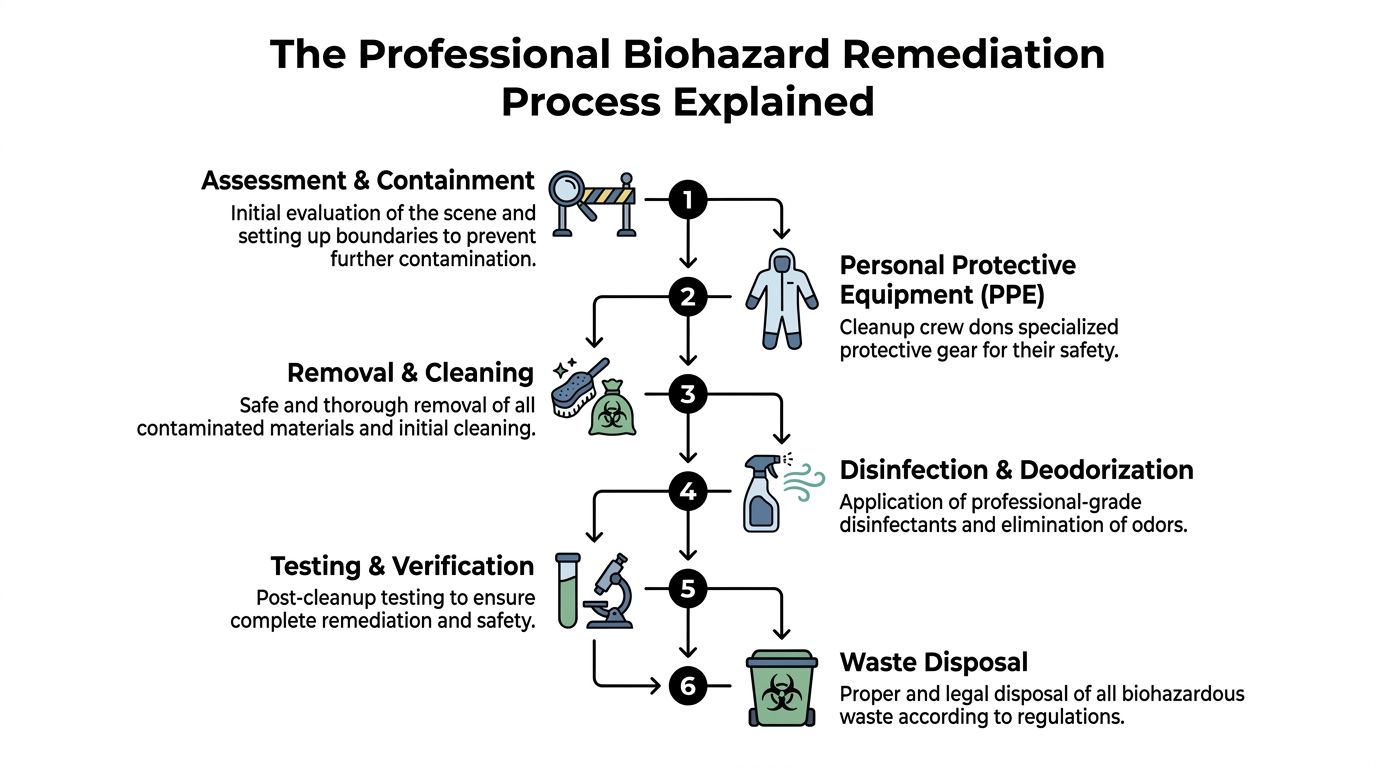 An infographic detailing the six-step professional biohazard remediation process from assessment to final waste disposal.