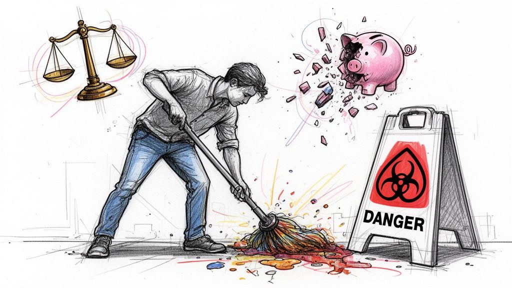 A man mopping up a mess near a broken piggy bank and a biohazard danger sign.
