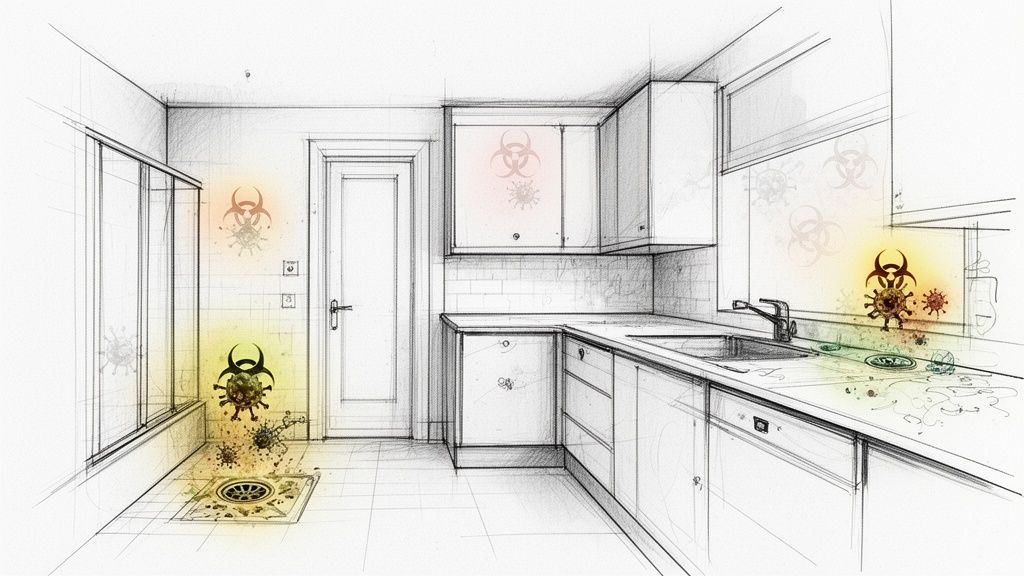 A conceptual line drawing of a kitchen showing biological contamination symbols above the floor and sink drains.
