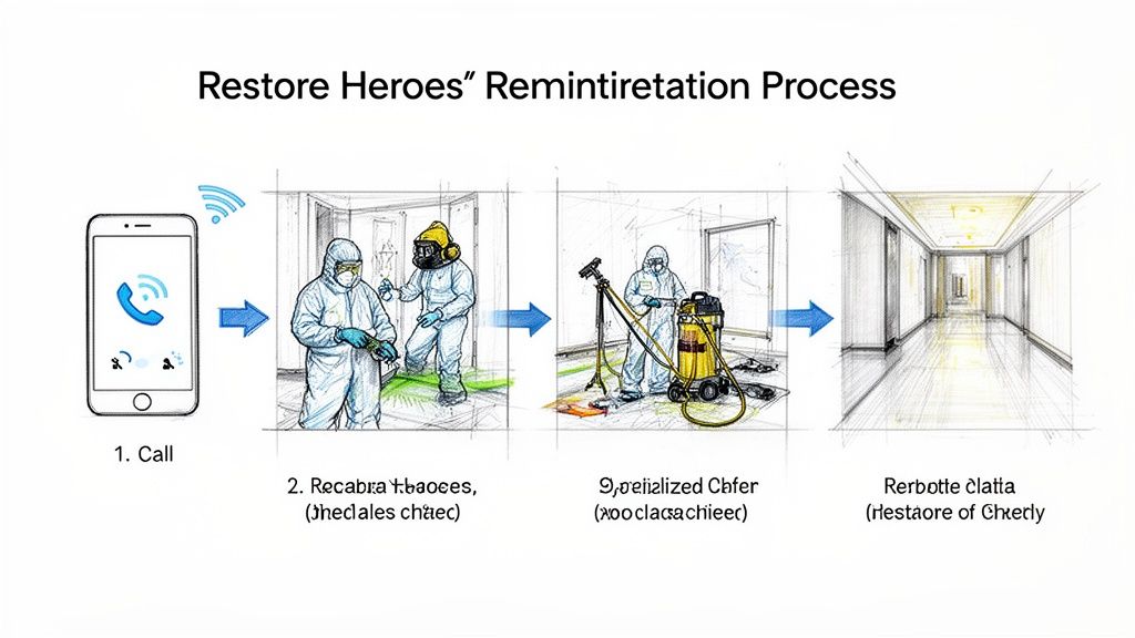 A diagram illustrating a four-step biological cleanup process, starting with a phone call through remediation and final restoration.
