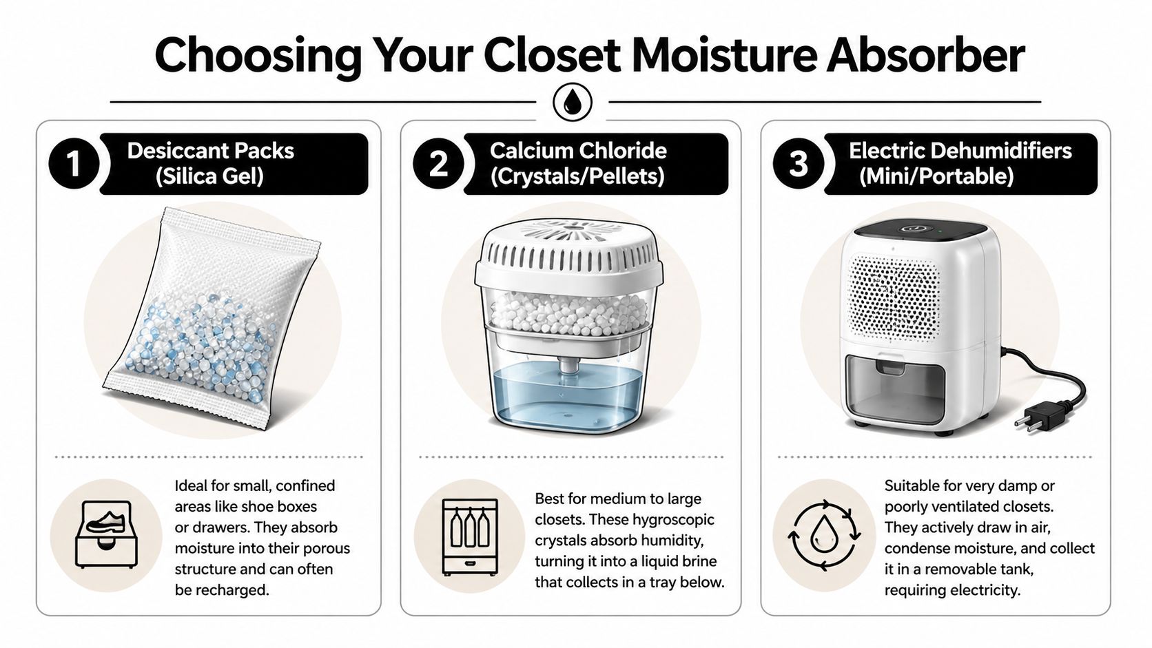 An infographic comparing three types of closet moisture absorbers: desiccant packs, calcium chloride containers, and electric dehumidifiers.