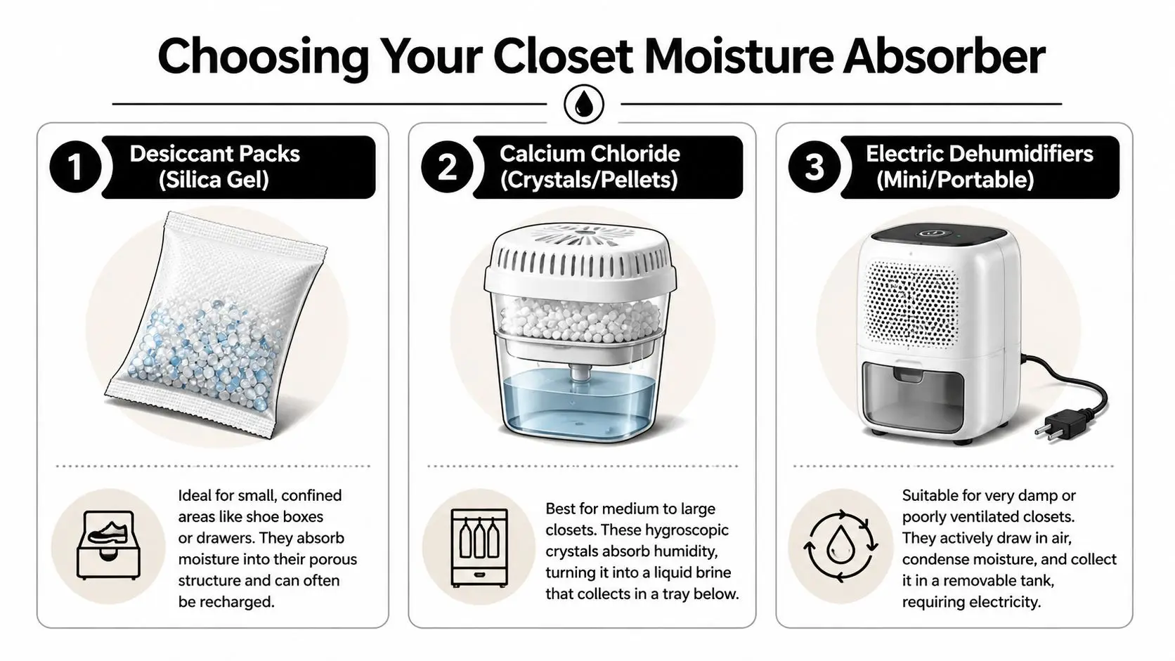 An infographic comparing three types of closet moisture absorbers: desiccant packs, calcium chloride containers, and electric dehumidifiers.