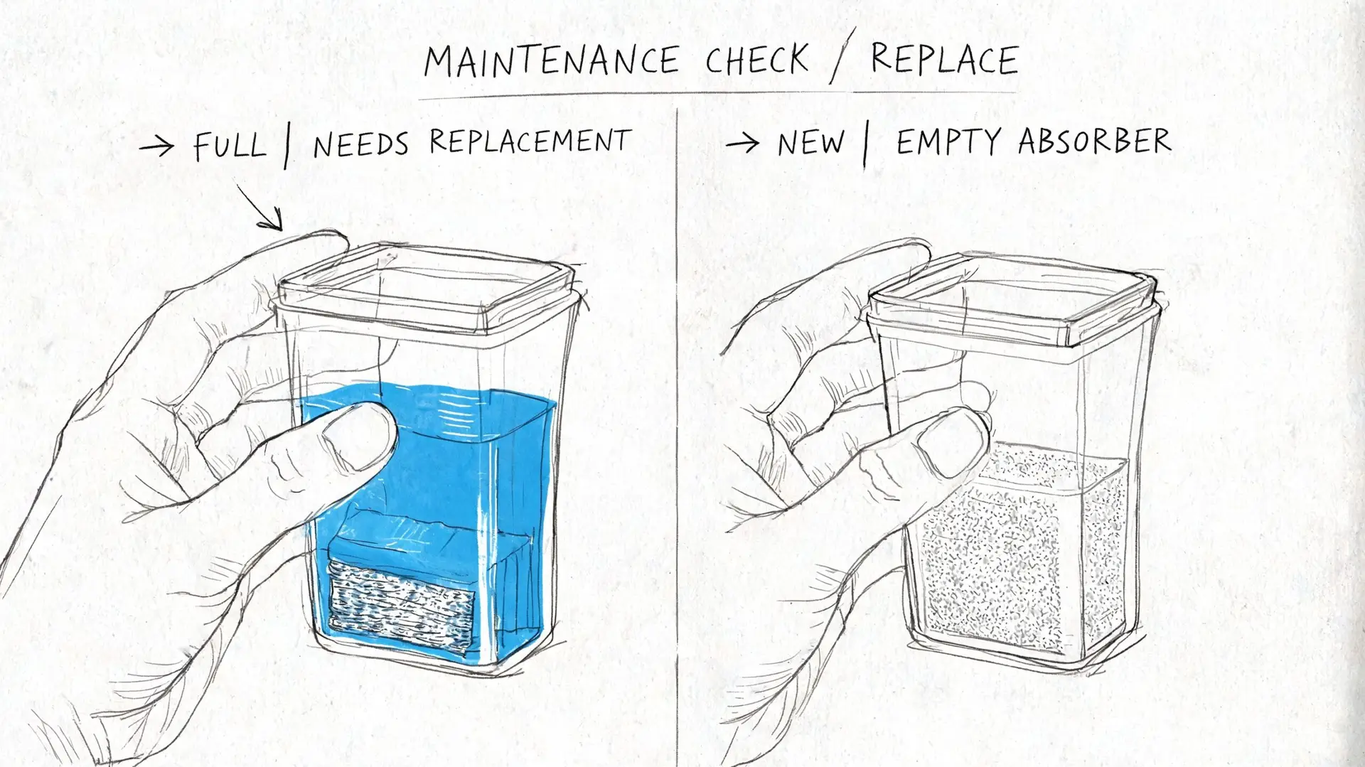 A hand holding a moisture absorber container showing the difference between a full unit and a new one.