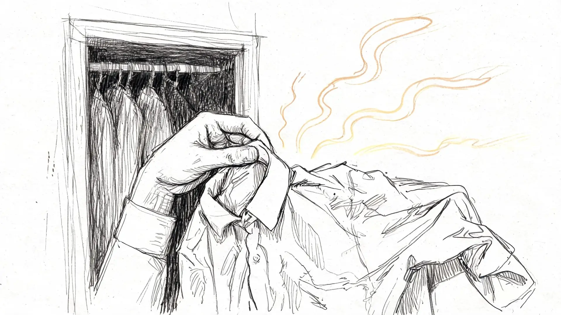 A pencil sketch of a hand holding a shirt from a closet with visible musty odor lines.