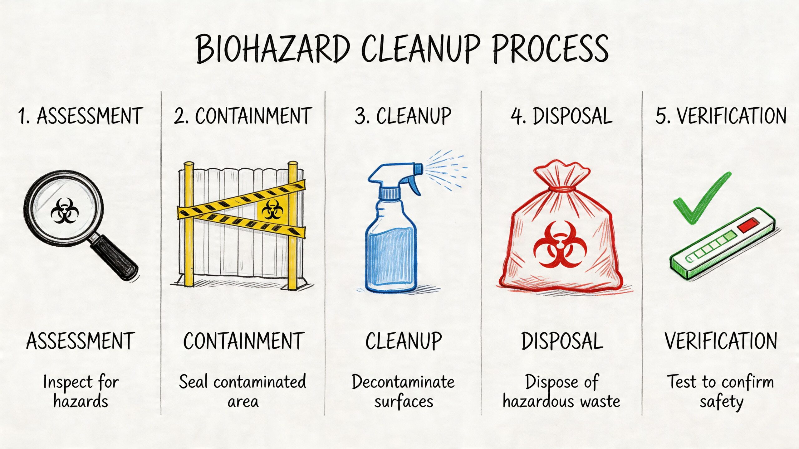 A five-step infographic illustrating the professional process for biohazard cleanup from assessment to final safety verification.