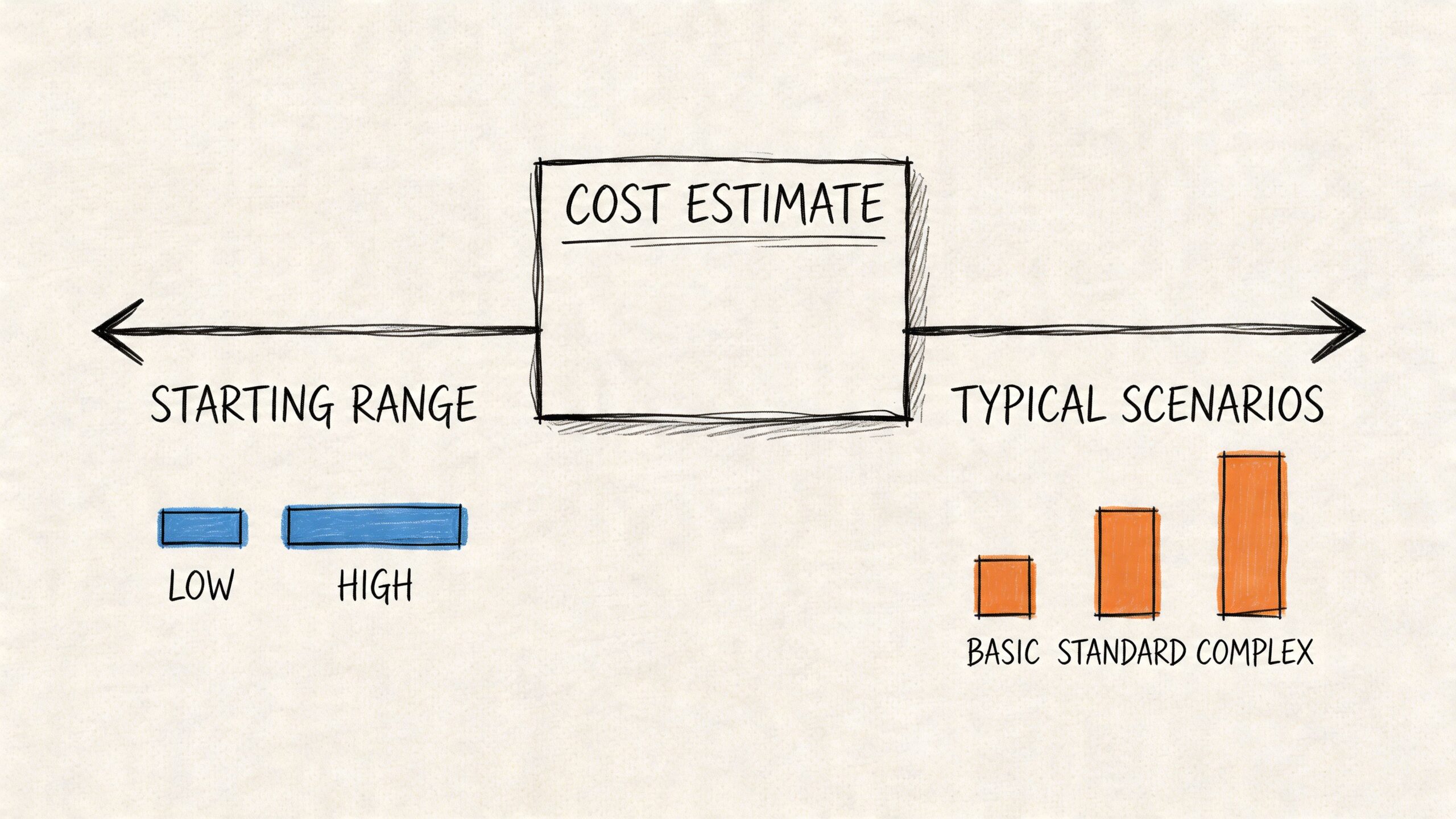 A hand-drawn diagram illustrating cost estimates with a starting range for services and typical complexity scenarios.