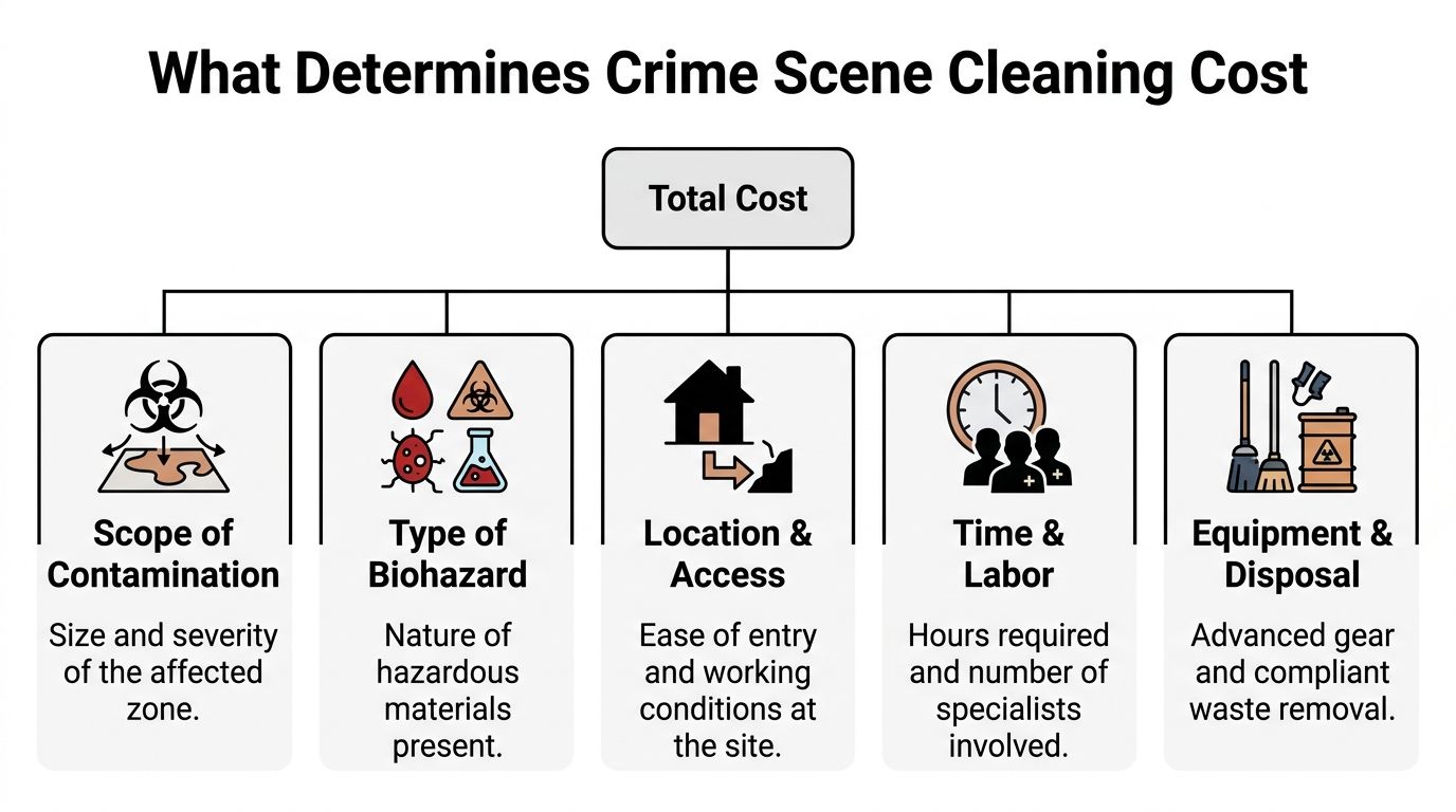 An infographic detailing the five key factors that determine the total cost of crime scene cleaning services.