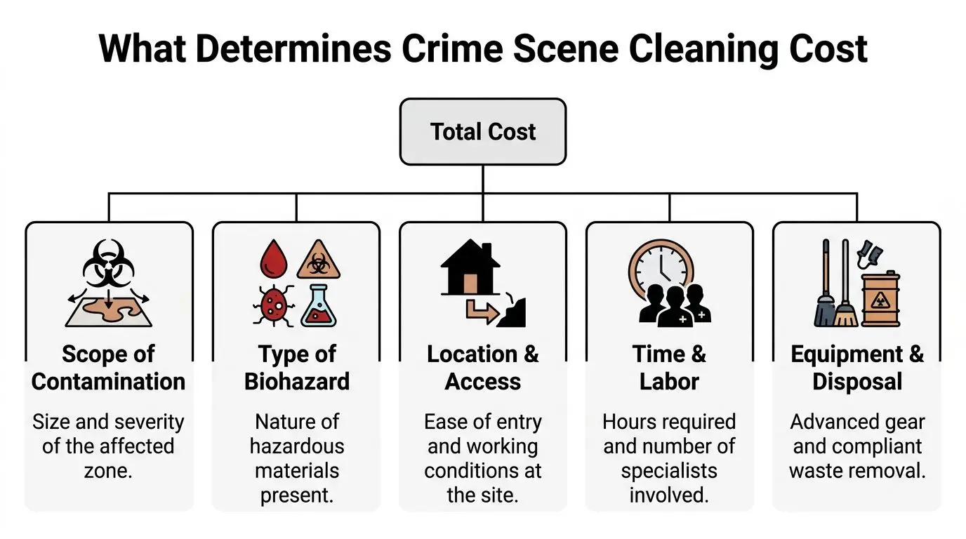 An infographic detailing the five key factors that determine the total cost of crime scene cleaning services.