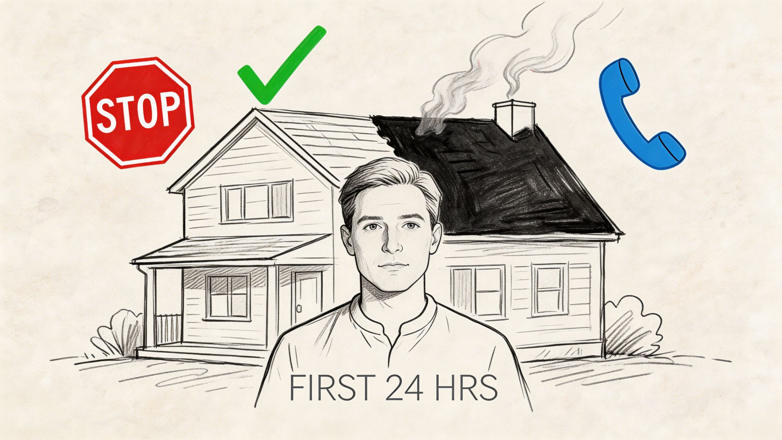 A line drawing of a man in front of a house, half-damaged by fire, emphasizing restoration steps.