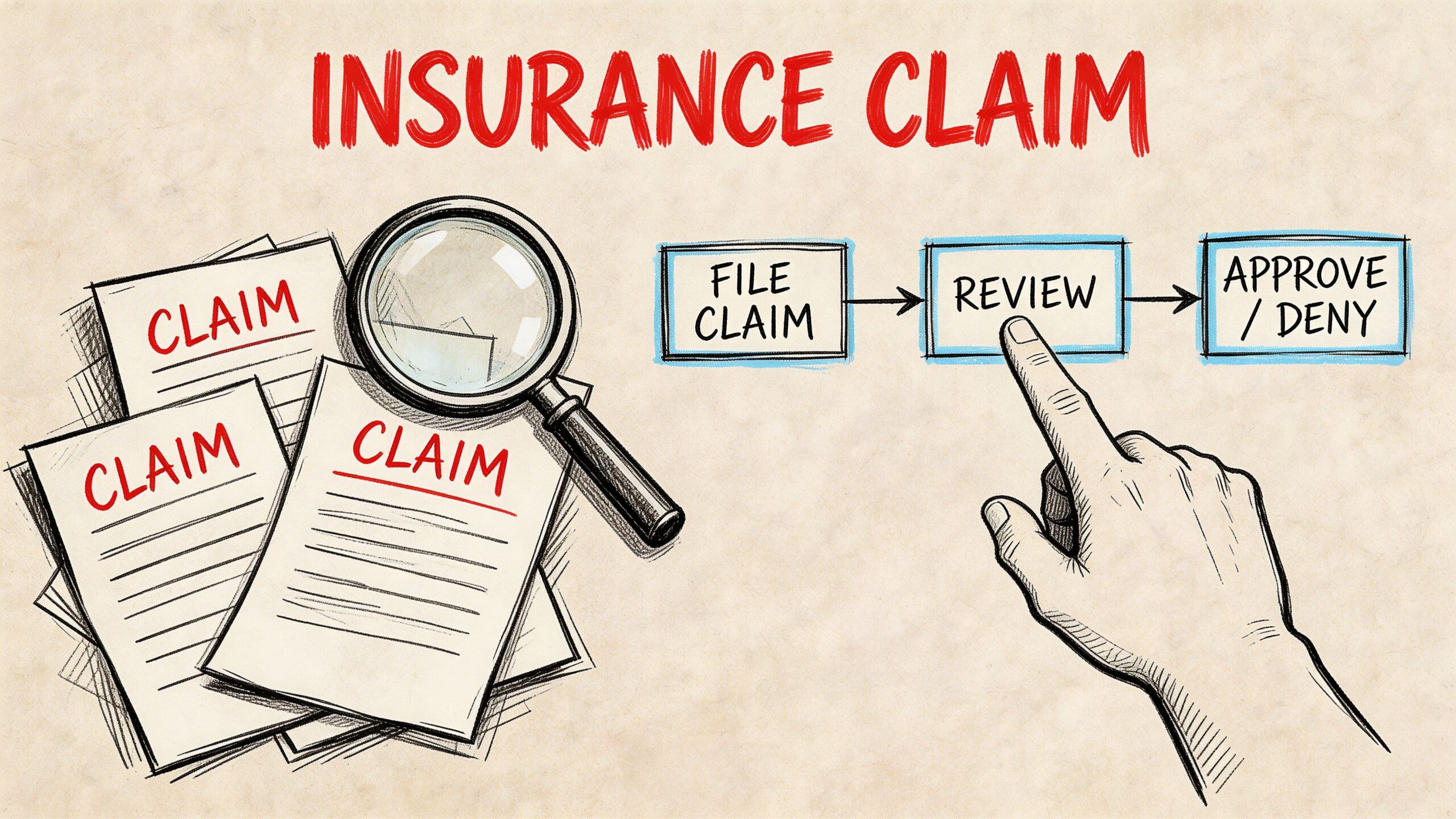 A hand touches a review box in an insurance claim process flow chart next to stacked documents.
