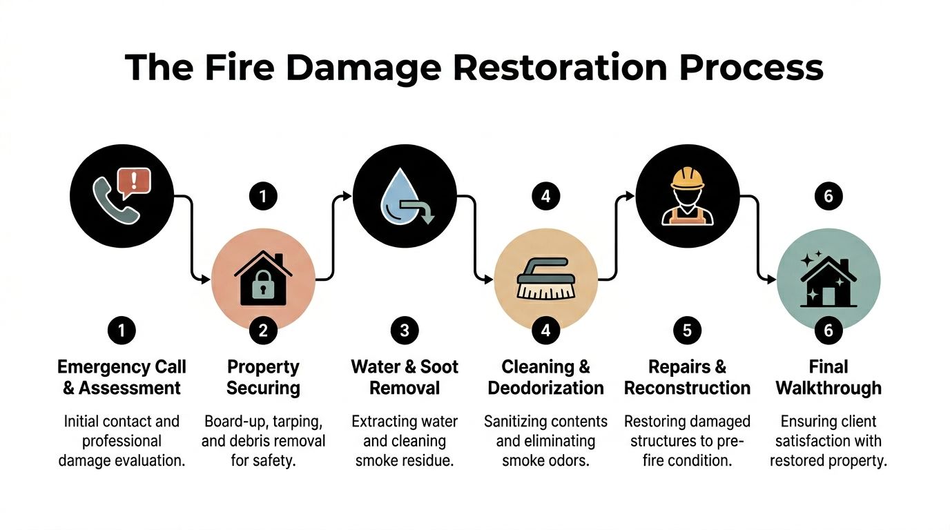 A six-step infographic detailing the fire damage restoration process from emergency call to the final walkthrough.
