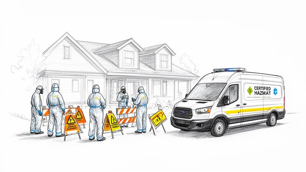 Hazmat cleanup crew in protective suits setting up safety barriers and a service van outside a residential house.