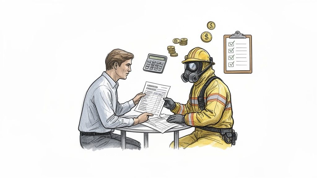 A businessman and a hazmat worker discuss paperwork, with a calculator, money, and checklist visible.