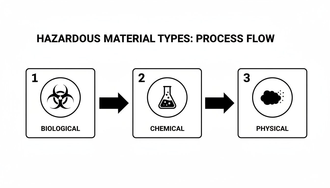 Hazardous material types process flow: biological, chemical, and physical, each with an icon.