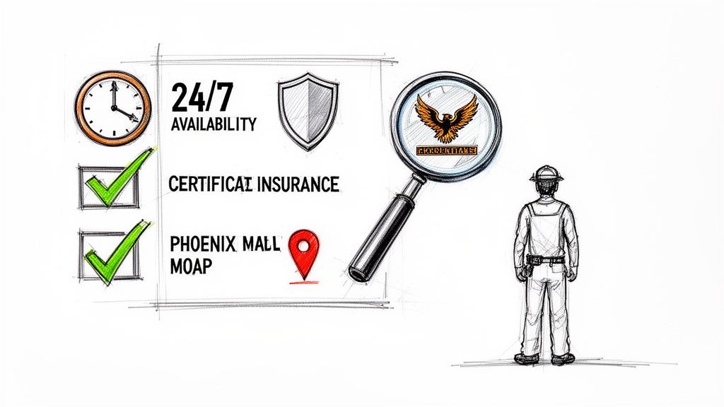 Illustration showing 24/7 availability, certified insurance, and Phoenix Mall location with a worker.