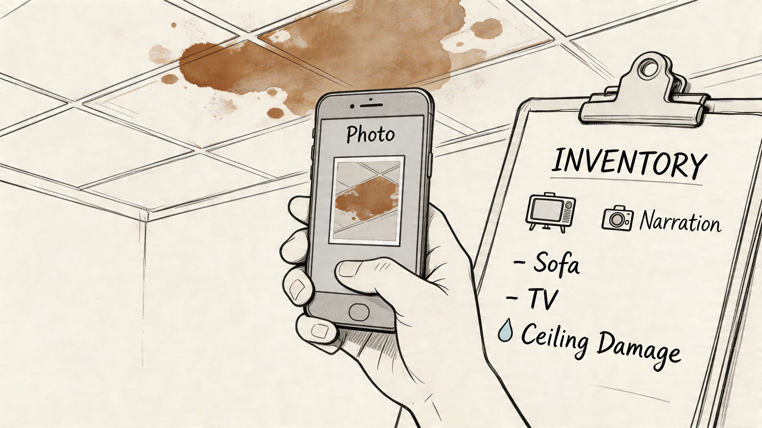 A hand holding a smartphone documenting ceiling water damage for a homeowners insurance inventory checklist.